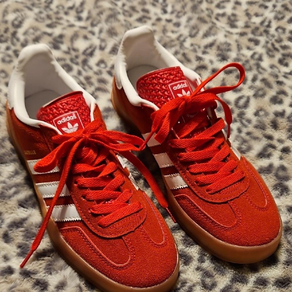 adidas Red Suede Gazelle Sneakers with White Stripes and Gum Sole